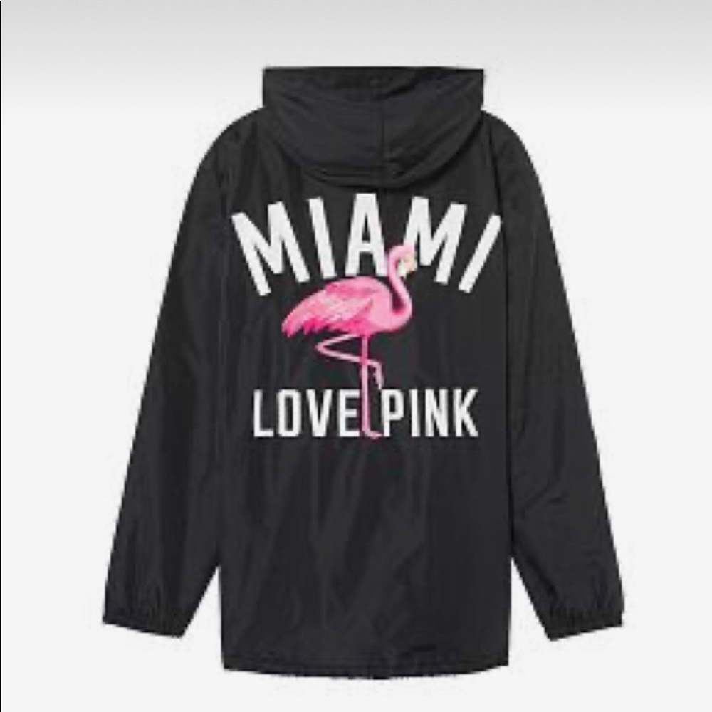 VICTORIA'S SECRET PINK  LINED  JACKET hoodie ANORAK BLACK with Flamingo LARGE